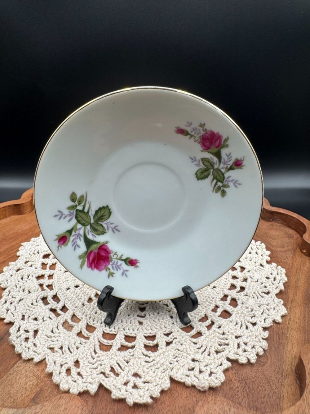 Vintage Pink Rose Floral Porcelain Saucers Set of 2